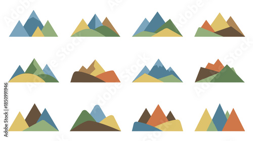Collection of colorful flat design mountain icons in a minimalist geometric style, featuring various peak and hill shapes with an earthy color palette for nature concepts