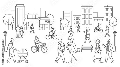 Black and white line art illustration of diverse people walking and cycling on a busy city street with modern buildings in a clean, minimalist outline style