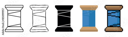 Set of thread spool icons showing a progression of artistic styles from simple outline and sketch to solid silhouette, flat color vector, and detailed pixel art