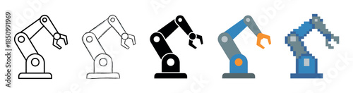 Set of five industrial robotic arms presented in various graphic styles, including line art, sketch, silhouette, flat color vector, and pixel art for technology concepts
