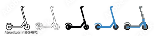 Electric scooter icon set in various styles including line art, hand drawn sketch, solid silhouette, flat color, and pixel art graphic for transportation concepts