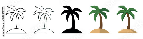 Collection of five palm tree icons showing different artistic styles from simple outline and sketch to solid silhouette, flat design color illustration, and retro pixel art