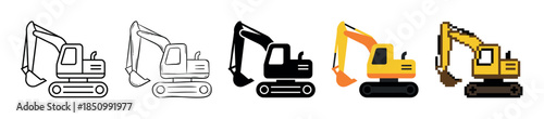 Excavator heavy machinery icon set showing different graphic styles from simple line art and silhouette to colorful flat design and pixel art for construction concepts