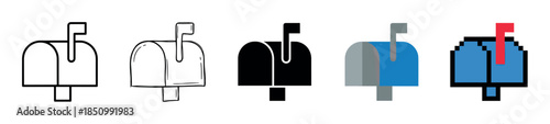 Mailbox icon set with five different styles including a simple outline, hand-drawn sketch, solid silhouette, flat color design, and pixel art graphic illustrations