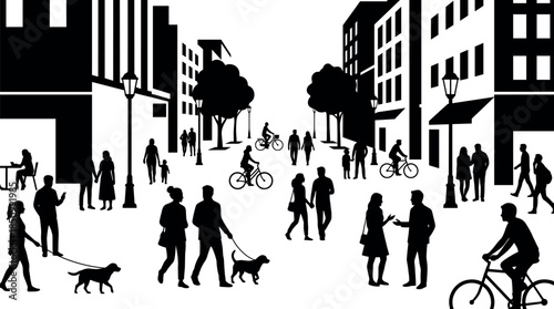 Black and white graphic illustration of diverse people silhouettes enjoying daily life on a busy urban street with buildings, trees, and streetlights in a flat vector style