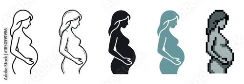 Set of five pregnant woman icons showing different artistic styles including line art, sketch, solid silhouette, and pixel art for maternity and motherhood concepts