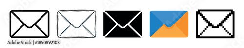 Set of five mail envelope icons in various graphic design styles including line art, hand-drawn sketch, solid silhouette, modern flat color, and retro pixel art