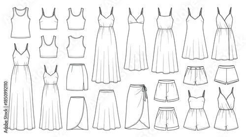 Set of women's summer clothing technical fashion flat sketches showing various dresses, tops, skirts, shorts, and rompers in a black and white line art illustration style