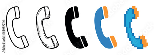 Set of five telephone handset icons in various design styles including outline, sketch, silhouette, flat, and pixel art, showing the evolution of graphic representation