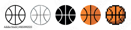 Set of five basketball icons presented in various artistic styles, including simple line art, a hand-drawn sketch, a bold silhouette, flat color, and retro pixel art