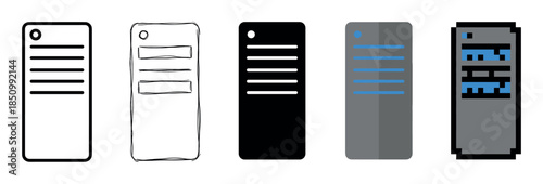 Set of computer server icons showing a design evolution from simple line art and hand-drawn sketch to modern flat vector and retro 8-bit pixel art styles