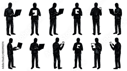 Set of twelve black hand-drawn silhouettes of anonymous people standing and using various digital devices like laptops, tablets, and smartphones in a sketchy illustrative style