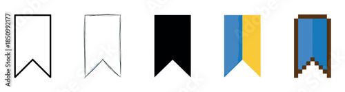 Set of five vertical forked ribbon banners showing a design progression from simple outline and sketch to solid silhouette, flat color, and a final pixel art version