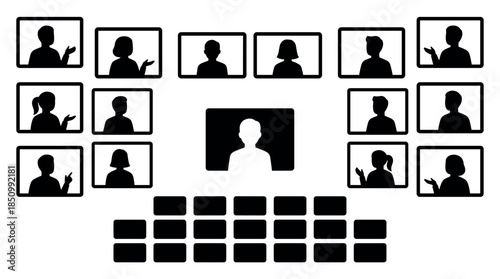 Black and white icon set showing a virtual webinar interface with a presenter and an audience of participants in a grid layout for online communication and learning