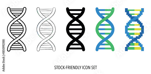 Set of five DNA helix icons in various graphic styles like outline, silhouette, flat color, hand-drawn sketch, and pixel art for science and biology concepts