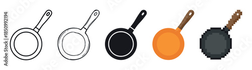 Collection of frying pan icons presented in five different artistic styles, including simple line art, hand-drawn sketch, solid silhouette, flat color, and retro pixel art