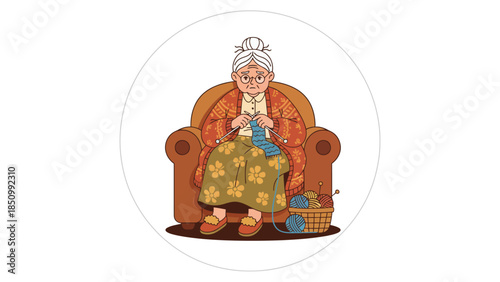 Elderly woman knitting comfortably in armchair with yarn basket.