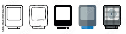 Set of pager or beeper icons presented in a row, showcasing different graphic styles like outline, hand-drawn sketch, silhouette, flat vector, and pixel art