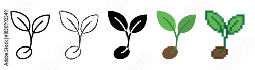 Set of five plant sprout icons showing different graphic styles including line art, silhouette, flat design, and pixel art for concepts of growth and new beginnings