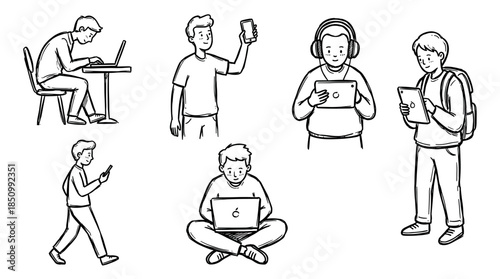 Hand-drawn doodle set of young men using various electronic devices like laptops, smartphones, and tablets in different poses and activities in a simple black line art style