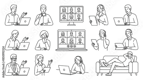 Set of black line art illustrations depicting diverse people working from home, participating in video conferences, webinars, and online meetings using various digital devices