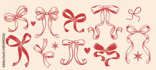 A hand-drawn illustration of coquettecore style red ribbon bows. This isolated doodle graphic set is perfect for adding a flirty, girly touch to invitations, cards, and digital projects.