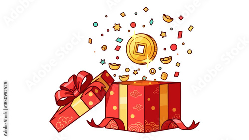 Surprise Gift Box Unboxing with Gold Coins and Confetti Chinese New Year Celebration Concept