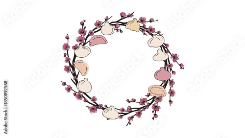 Whimsical Dumpling Wreath with Cherry Blossoms Festive Asian Food Illustration