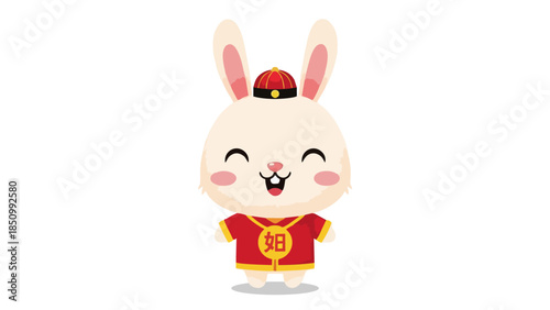 Adorable Cartoon Rabbit Wearing Traditional Chinese Clothing Celebrating Lunar New Year and Chinese Zodiac Sign