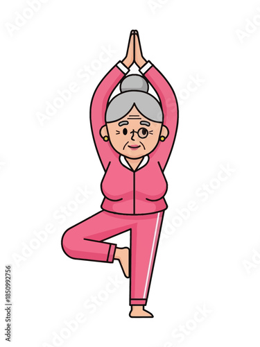 Elderly Woman Practicing Yoga Tree Pose.