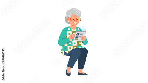 Elderly Woman Reading Newspaper Sitting Down.