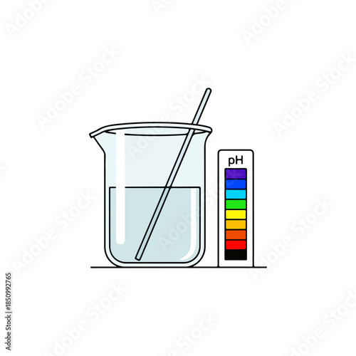 Beaker with Liquid and pH Indicator Strip.