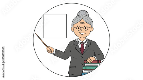 Elderly Woman Teacher with Pointer and Books.