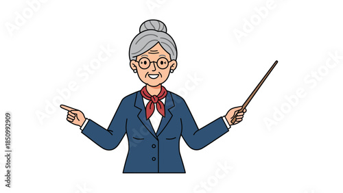 Elderly Woman Teacher Presenting with Pointer Stick and Gesturing.