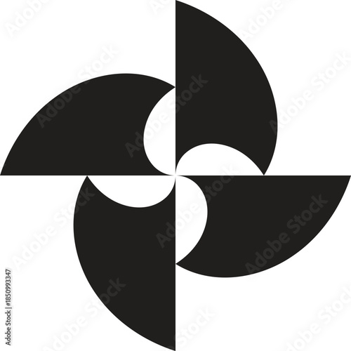 Abstract Black and White Geometric Pinwheel Logo Icon, Minimalist Dynamic Rotor Turbine Symbol, Symmetrical Rotating Motion Design for Corporate Branding and Modern Graphic Identity