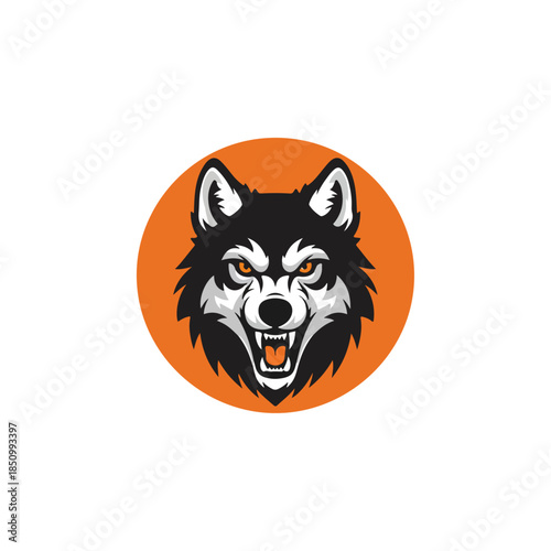 wolf head logo on orange circle.