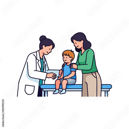 Pediatric Doctor Examining Child With Parent In Clinic Setting.