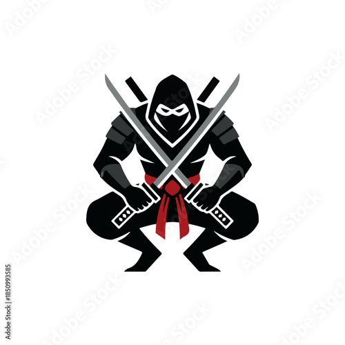 Stylized ninja warrior silhouette wielding two swords.