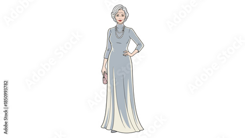 Elegant elderly woman in a formal gown and accessories.