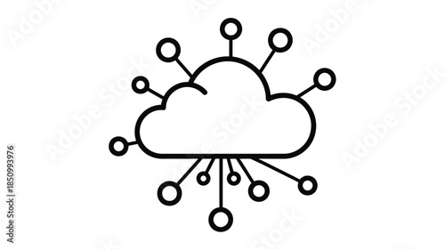 A simple black and white illustration depicting a cloud with multiple connected circular nodes