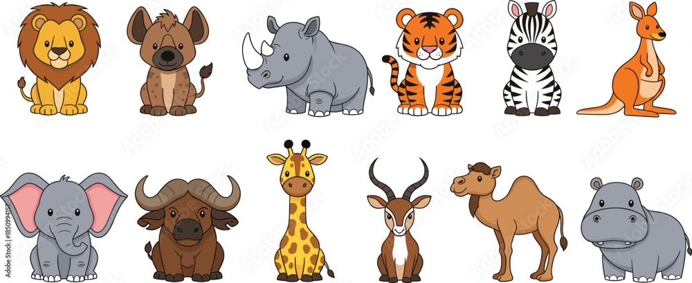 Obraz premium Cute cartoon wild animals collection featuring lion tiger elephant giraffe zebra rhino hippo and kangaroo characters for kids education and nursery decor.