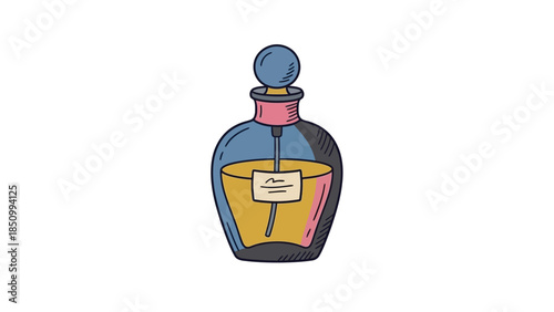 Elegant Perfume Bottle with Golden Liquid and Label.