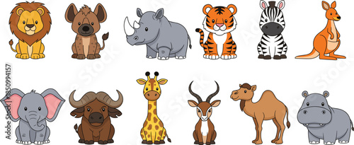 Cute cartoon wild animals collection featuring lion tiger elephant giraffe zebra rhino hippo and kangaroo characters for kids education and nursery decor.