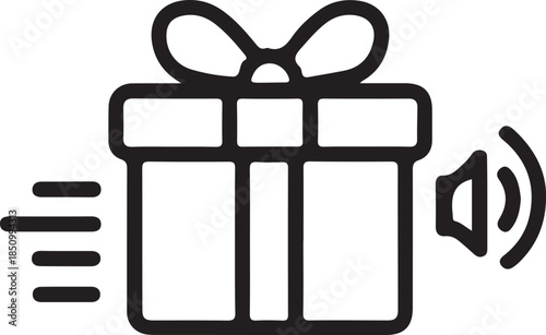 Gift Notification Icon With Sound Signal, Black outline icon of a gift box with motion and sound waves, symbolizing gift alert, notification, promotion, or fast delivery concept.

