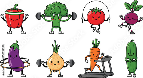 Funny cartoon vegetable characters fitness collection including broccoli lifting weights tomato jumping rope carrot on treadmill and eggplant hula hooping for healthy lifestyle.