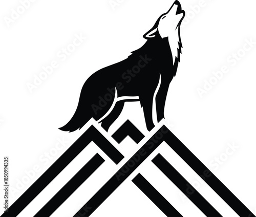 Lone wolf howling on mountain peak, black and white minimalist vector illustration, wild animal silhouette, nature wilderness outdoor adventure symbol