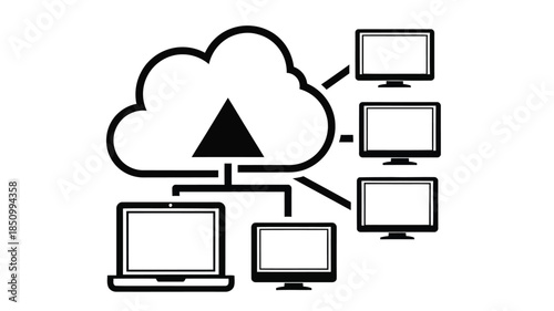 Cloud computing network connecting multiple devices including laptops and monitors visually represented