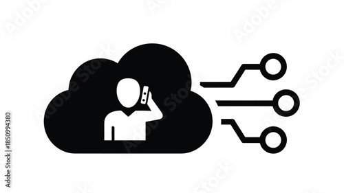 Digital human profile inside a cloud with connecting lines representing data flow and networks