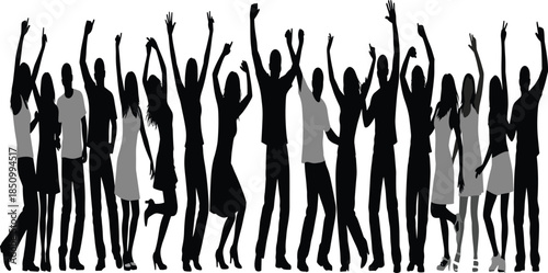 Cheering crowd silhouettes with raised hands celebrating success and unity, diverse happy people expressing joy isolated on white background