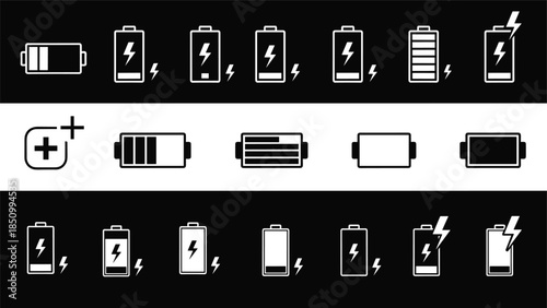 Set of battery charge level icons, power status indicator symbols for mobile interface, energy charging vector illustrations, electric technology graphic elements